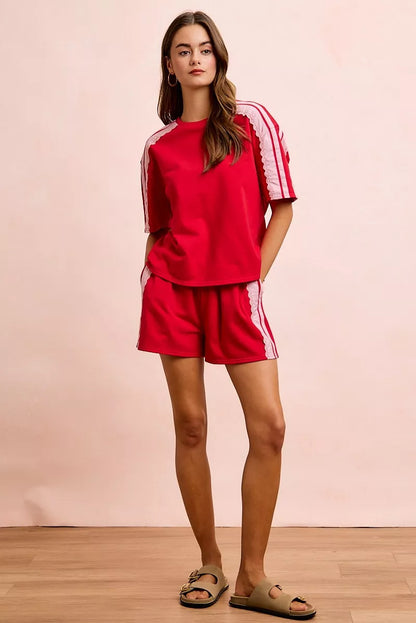 Red blush BiBi French Terry short sleeve top with side lace detail, casual and stylish women's fashion from Trendsi.