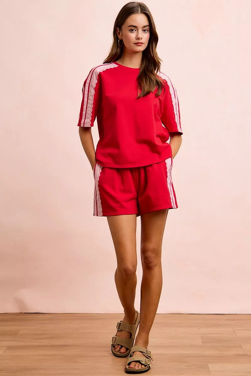 Red blush BiBi French Terry short sleeves top with side lace detail, casual and comfortable for everyday wear.