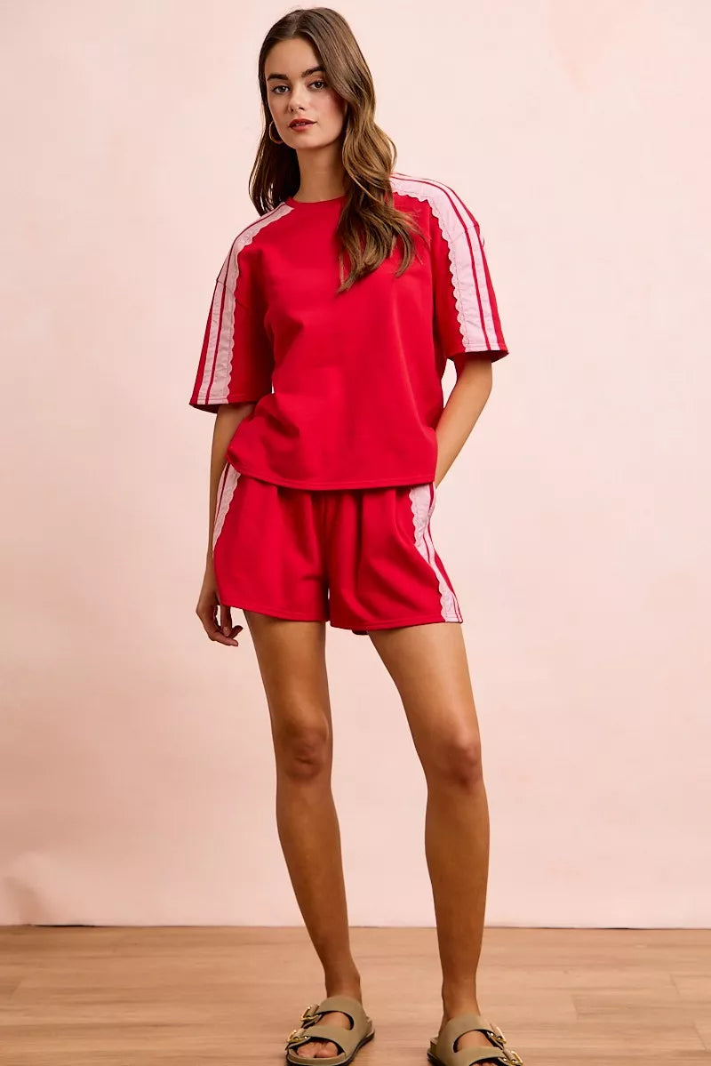 Red blush BiBi French Terry short sleeves top with side lace detail, casual and comfortable women's fashion by Trendsi.