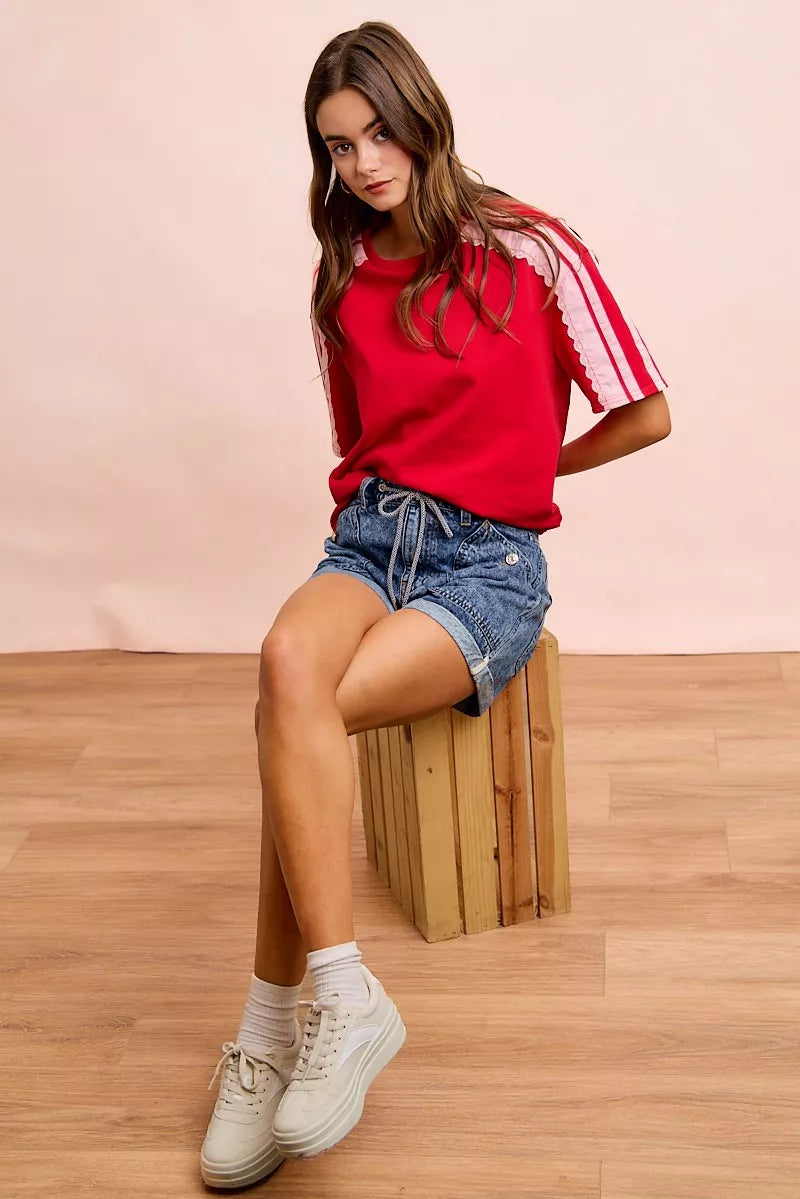 Red blush BiBi French Terry short sleeve top with side lace detail, casual and comfortable women's fashion by Trendsi.