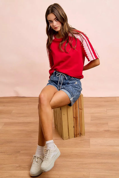 Red blush BiBi French Terry short sleeve top with side lace detail, casual and comfortable women's fashion by Trendsi.