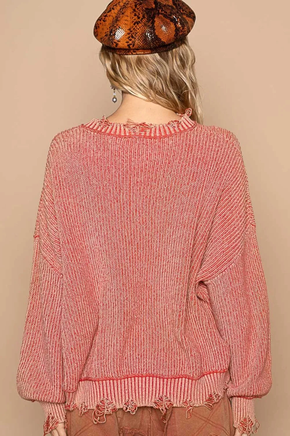 Red brick POL distressed washed drop shoulder sweater by Trendsi, featuring a relaxed fit with a distressed, casual style.