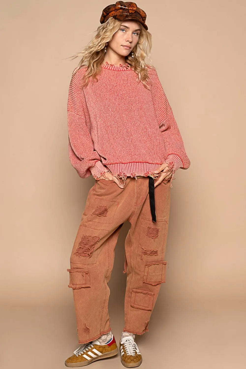 Red brick POL distressed washed drop shoulder sweater by Trendsi, showcasing a relaxed fit with a distressed, vintage-inspired design.