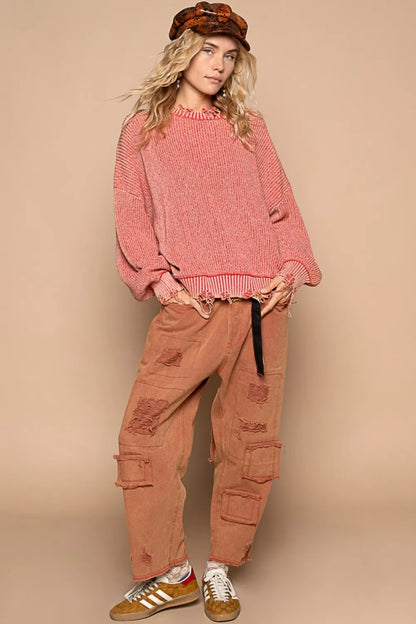 Red brick POL distressed washed drop shoulder sweater by Trendsi, showcasing a relaxed fit with a distressed, vintage-inspired design.