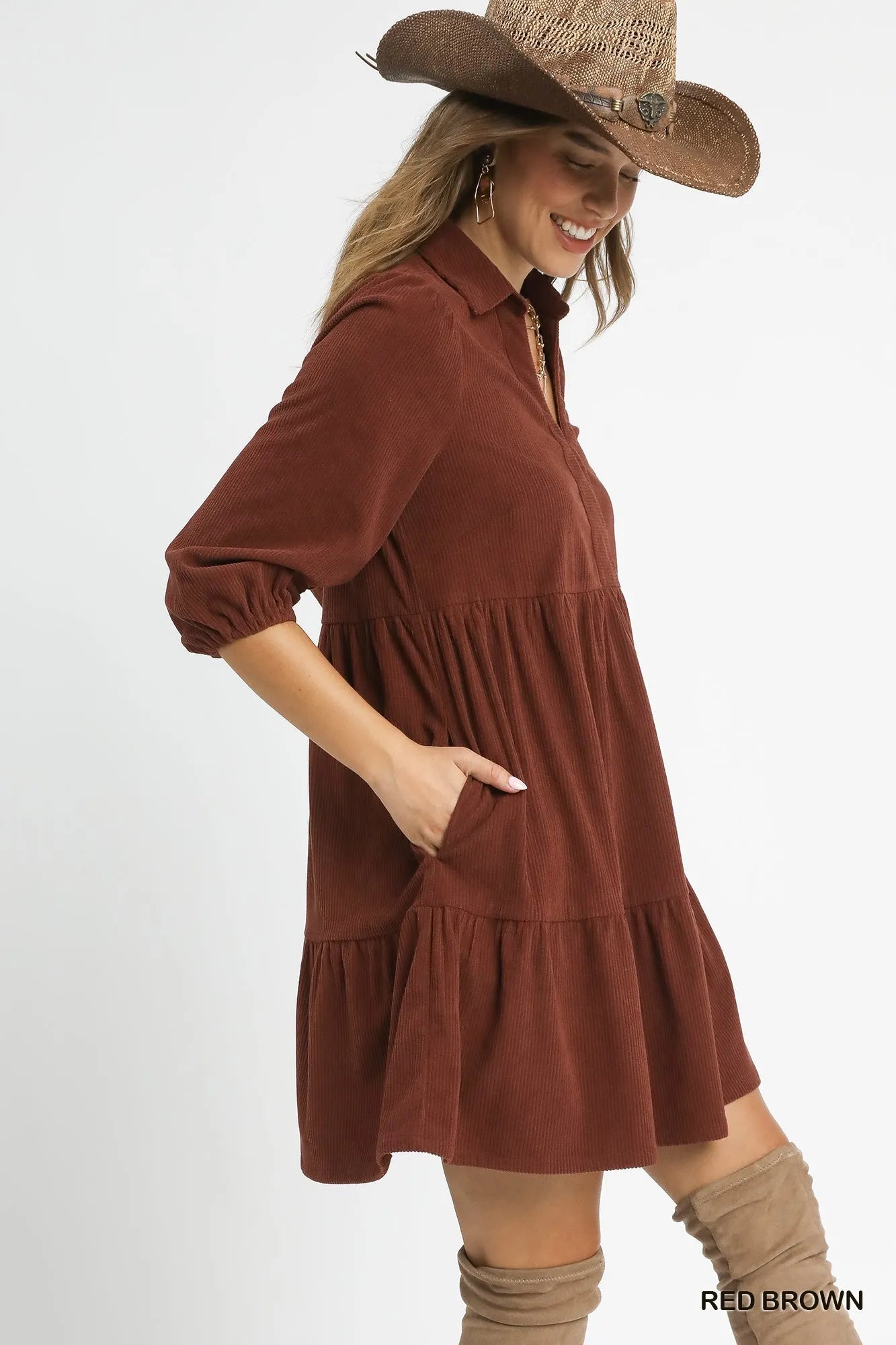 Red-brown Umgee tiered corduroy mini dress with balloon sleeves, featuring a stylish and comfortable design.
