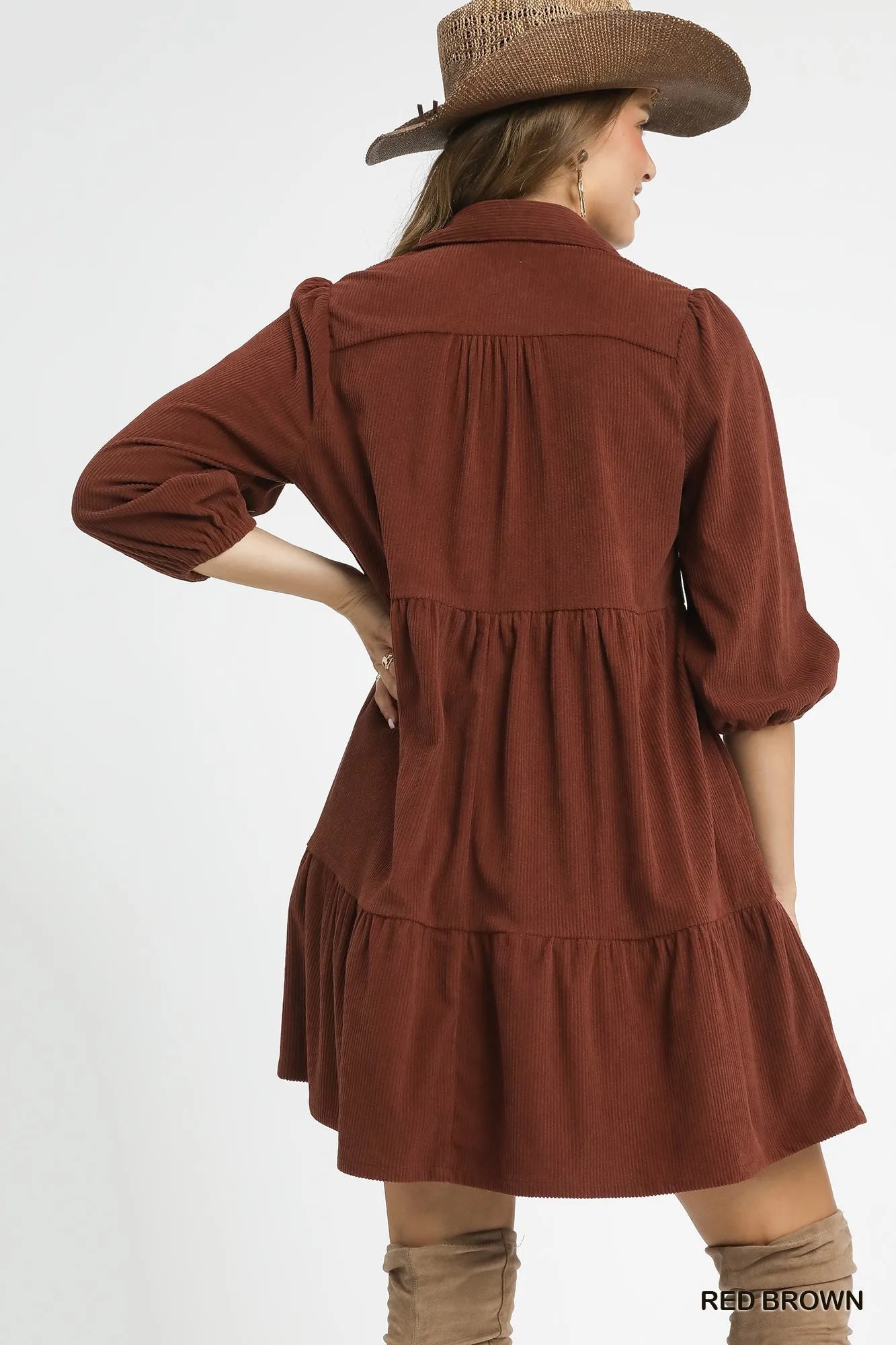 Red and brown Umgee tiered corduroy mini dress with balloon sleeves, featuring a stylish, textured fabric and a flattering fit.