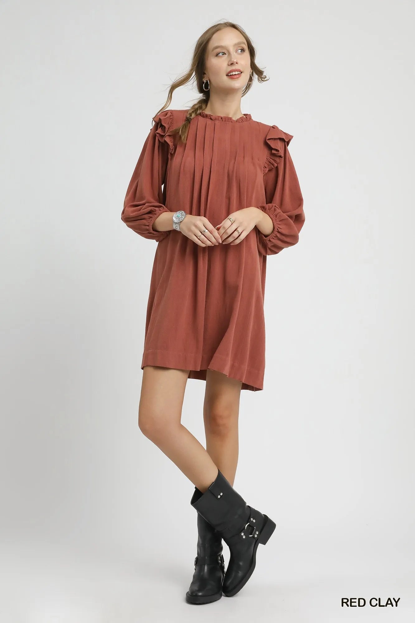 Red clay linen babydoll dress by Umgee with ruffle shoulder details and pleated skirt, perfect for casual or summer wear.