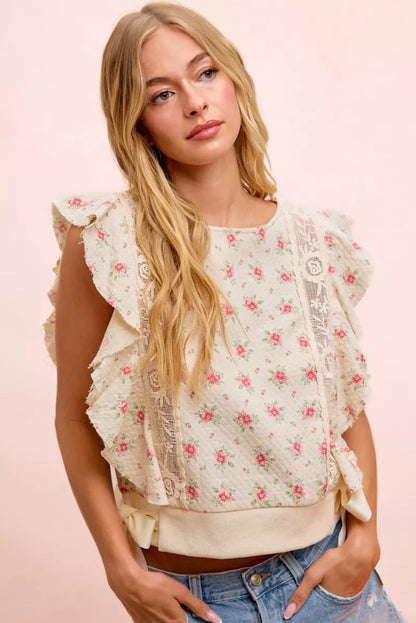 Red floral printed top with ruffle sleeves and trim detail from Trendsi, featuring a feminine, stylish design.