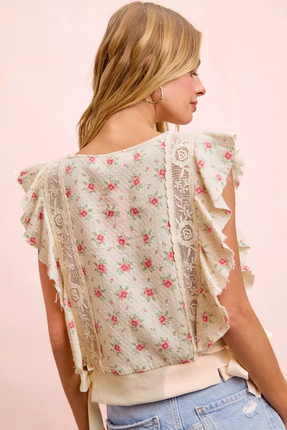 Red BiBi flower printed top by Trendsi featuring ruffle sleeves and trim detail, casual stylish design.