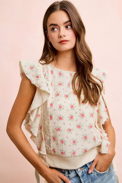 Red floral printed top with ruffle sleeves and trim detail, stylish blouse from Trendsi.