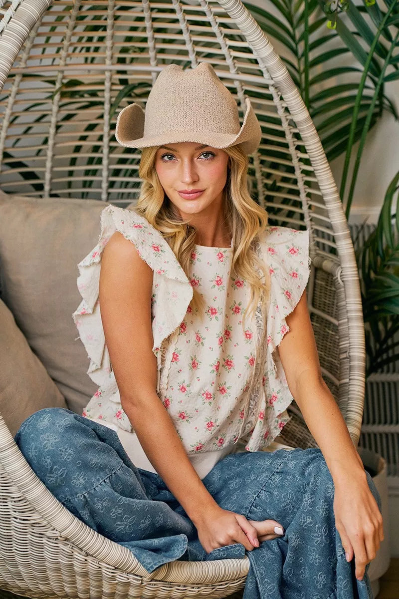 Red floral printed top with ruffle sleeves and trim details, stylish and feminine from Trendsi.