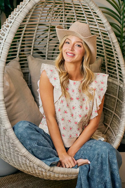 Red floral printed top with ruffle sleeves and trim detail from Trendsi, featuring a feminine, flowy design.