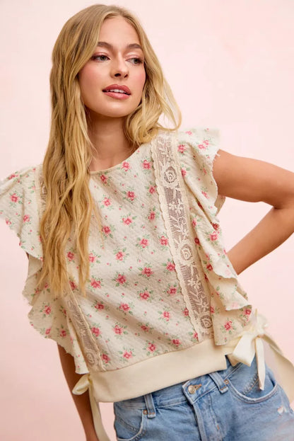 Red floral printed ruffle sleeve top with trim detail from Trendsi, featuring a feminine and stylish design.