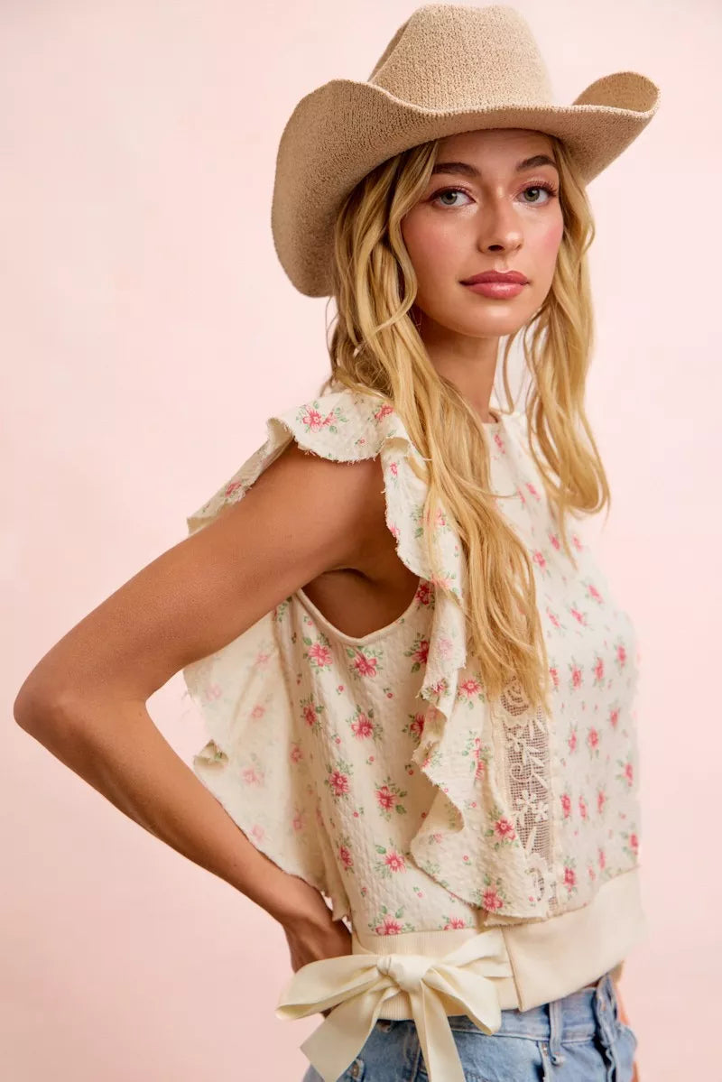 Red BiBi flower printed top with ruffle sleeves and trim detail, stylish blouse by Trendsi.
