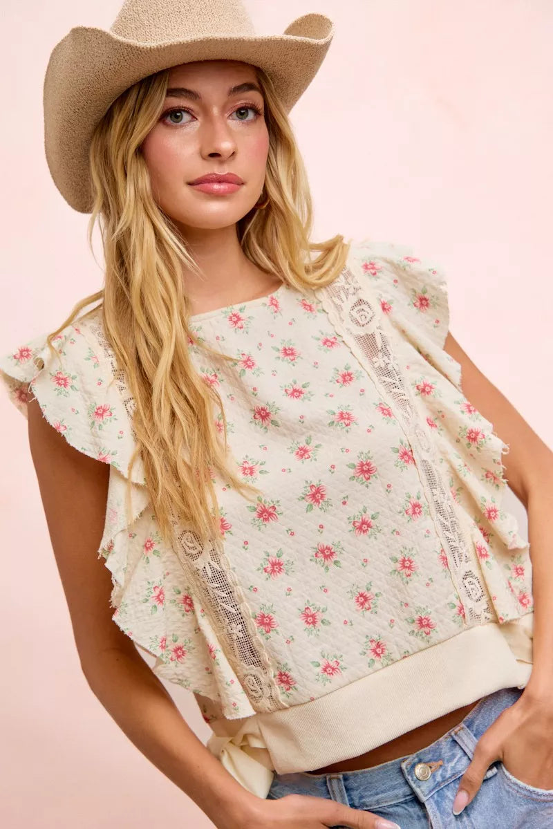 Red floral printed top with ruffle sleeves and trim detail from Trendsi, showcasing a feminine and stylish blouse.