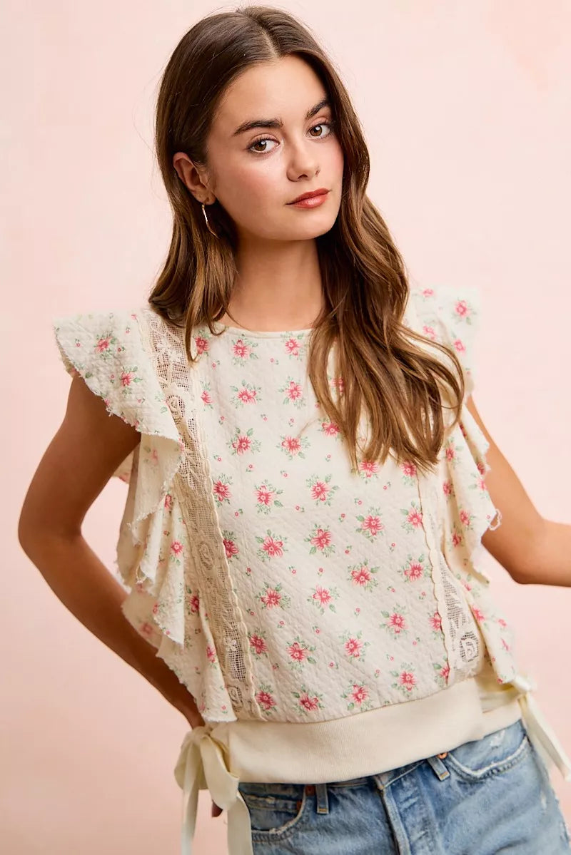 Red BiBi flower printed top with ruffle sleeves and trim detail, stylish and feminine blouse by Trendsi.