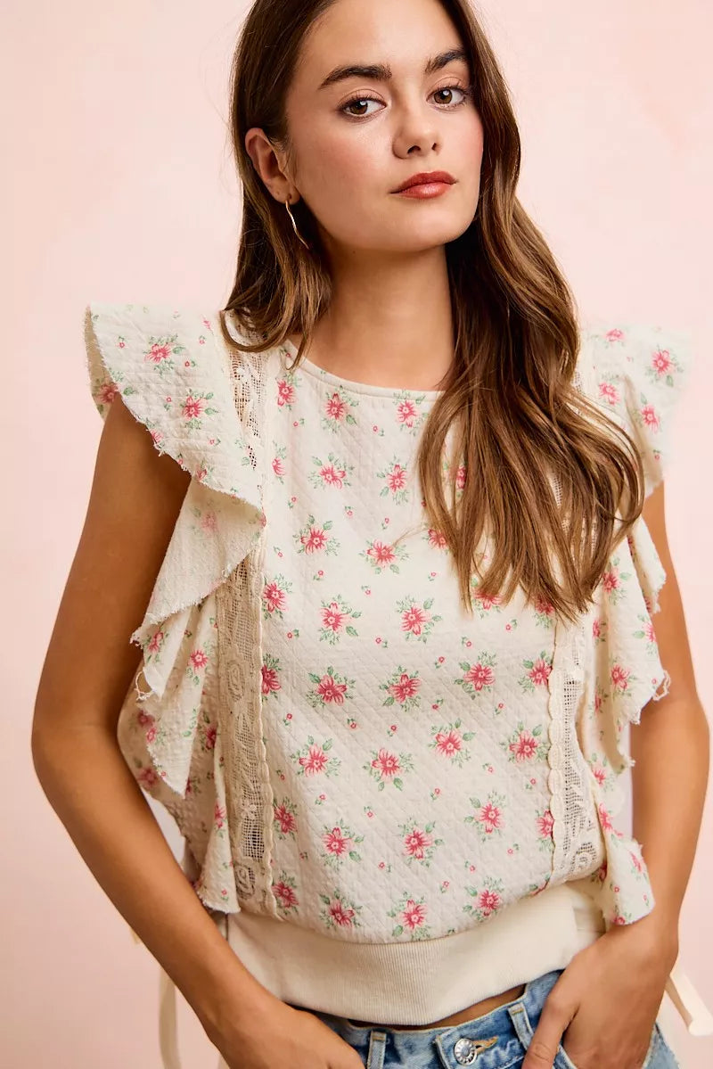 Red floral printed top with ruffle sleeves and trim detail from Trendsi, showcasing a stylish and feminine blouse design.