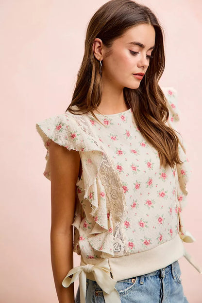 Red BiBi flower printed top with ruffle sleeves and trim detail, trendy floral blouse by Trendsi.