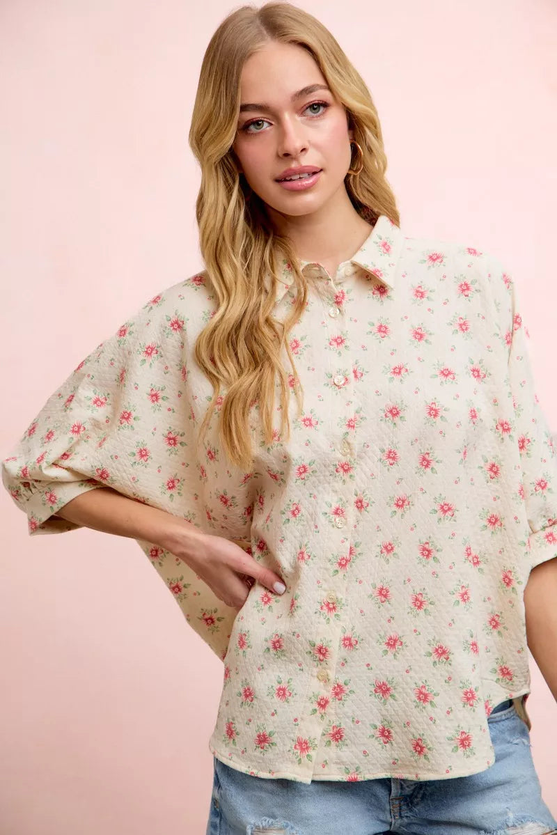 Red BiBi flower printed short dolman blouse top by Trendsi, featuring a relaxed fit and vibrant floral design.