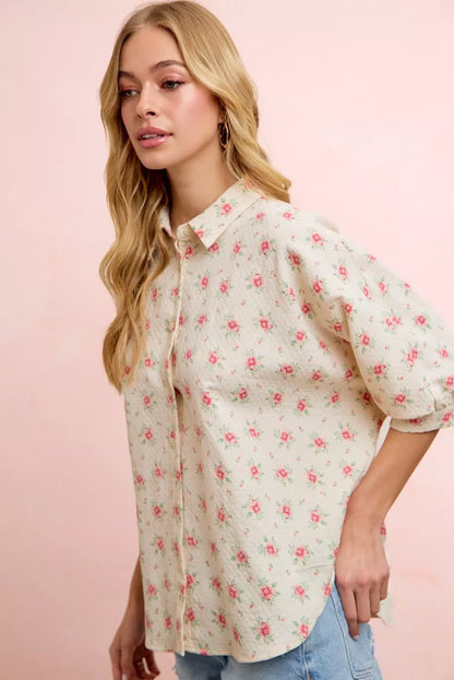 Red floral printed BiBi short dolman blouse top by Trendsi, showcasing a relaxed fit and vibrant flower pattern.