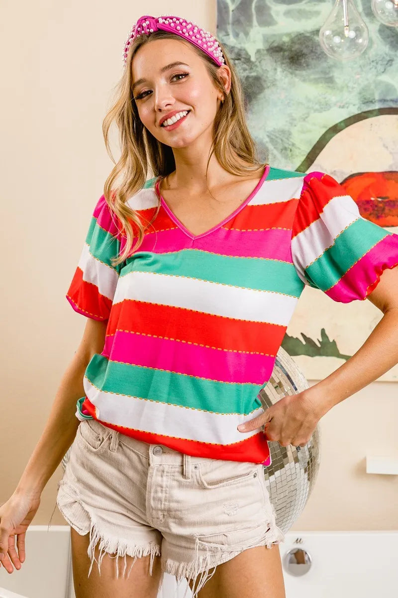 Trendi red, fuchsia, and green multi-stripe print V-neck top with puff sleeves, stylish and colorful women's fashion blouse