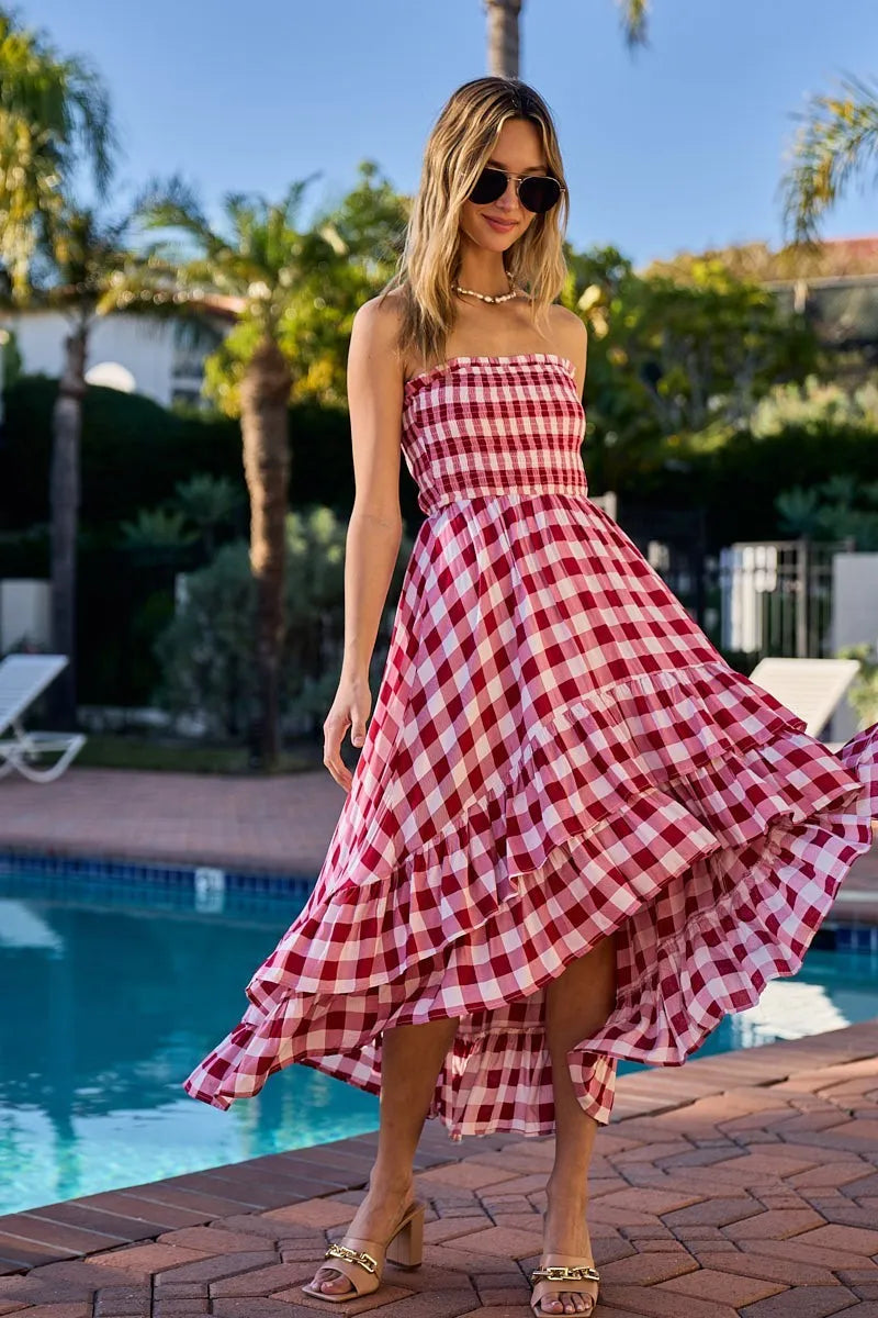 Red and ivory checkered BiBi Smocked Body Off Shoulder Dress by Trendsi featuring a fitted smocked bodice and off-shoulder neckline.