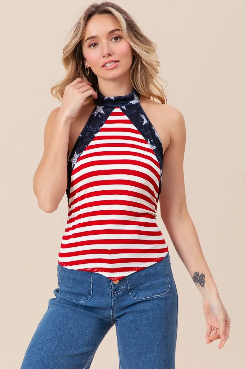 Red and ivory BiBi Stripe Jersey top by Trendsi with star halter neck and tie-back design.
