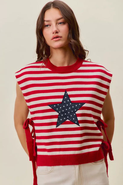 Red and ivory SO ME Stripe Star Patch 4th of July side tie vest top by Trendsi, featuring patriotic star patches and stylish side ties.