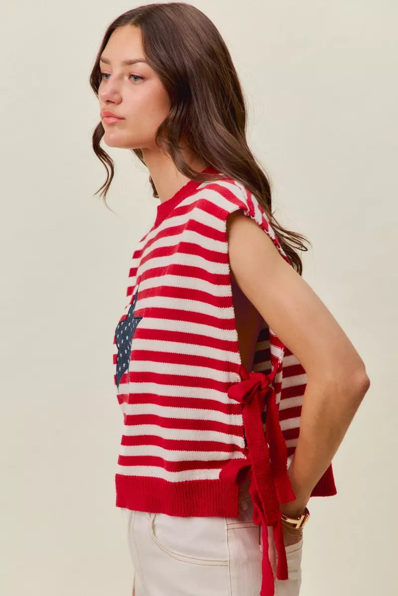 Red and ivory SO ME Stripe Star Patch 4th of July side tie vest top by Trendsi, featuring patriotic star patch and casual style.