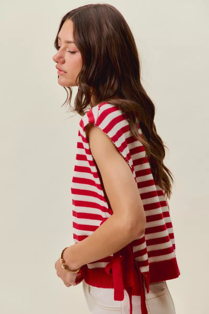 Red and ivory stripe vest top with star patch and side tie detail, from Trendsi's SO ME collection, perfect for 4th of July.