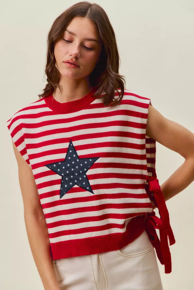 Red and ivory stripe SO ME Star Patch 4th of July side tie vest top by Trendsi, featuring patriotic star patches and stylish design.