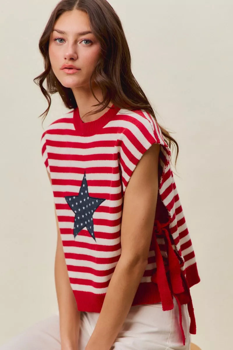 Red and ivory SO ME Stripe Star Patch 4th of July side tie vest top by Trendsi, featuring patriotic star patch and stylish design.