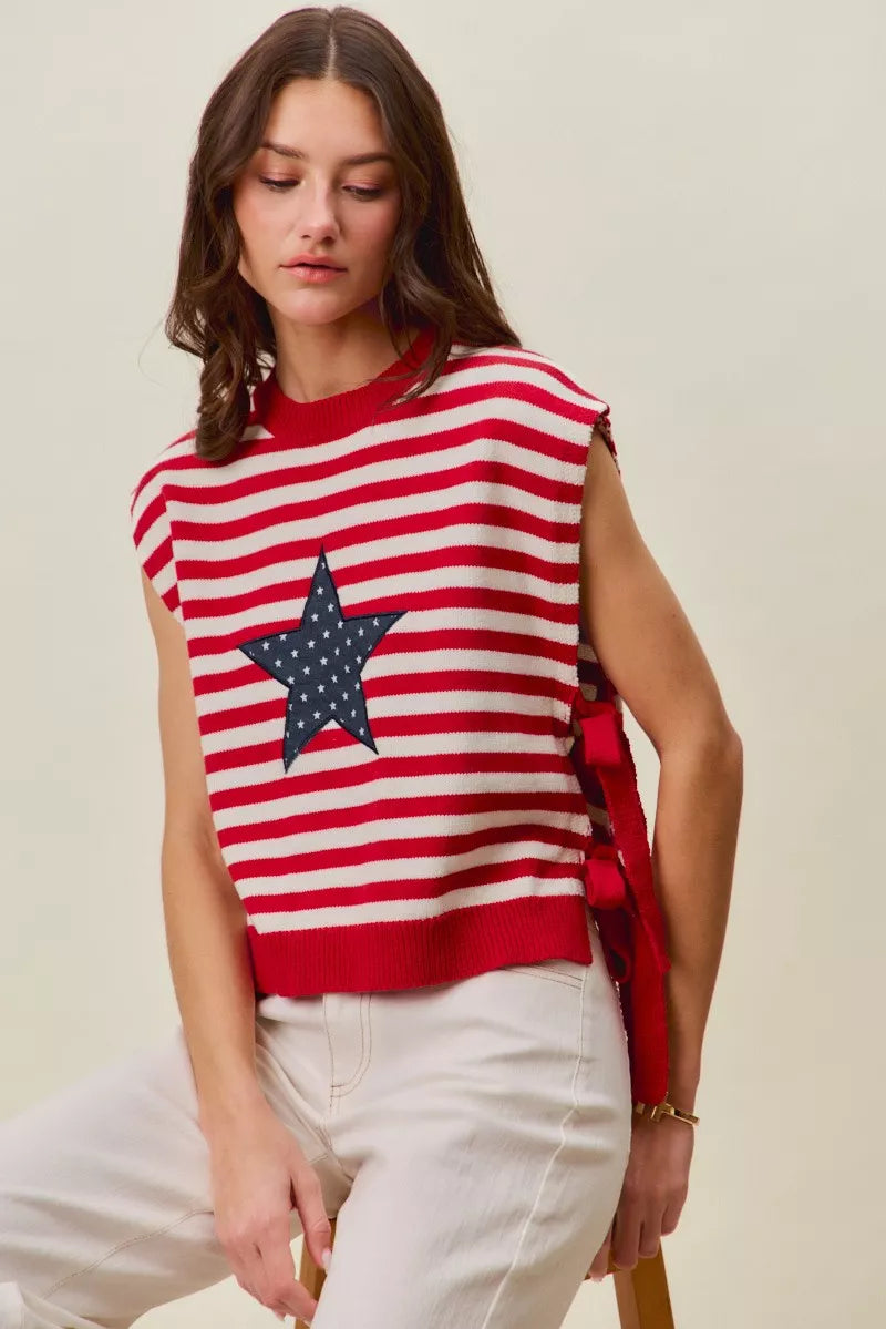 Red and ivory SO ME Stripe Star Patch 4th of July side tie vest top by Trendsi, featuring patriotic star patch details.