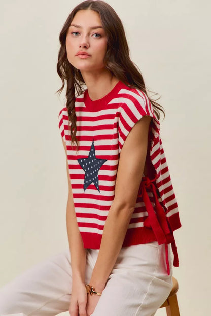 Red and ivory stripe SO ME Star Patch 4th of July side tie vest top by Trendsi featuring star patches and a stylish side tie design.