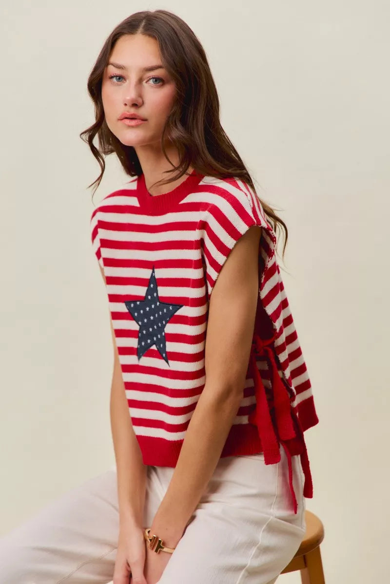Red and ivory SO ME Stripe Star Patch 4th of July side tie vest top by Trendsi, featuring patriotic star and stripe design.