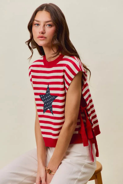 Red and ivory SO ME Stripe Star Patch 4th of July side tie vest top by Trendsi, featuring patriotic star and stripe design.