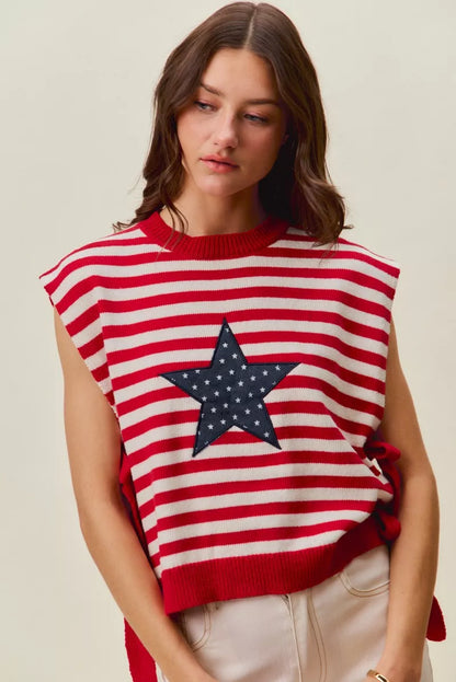 Red and ivory SO ME Stripe Star Patch 4th of July side tie vest top by Trendsi, featuring patriotic star patches and casual style.