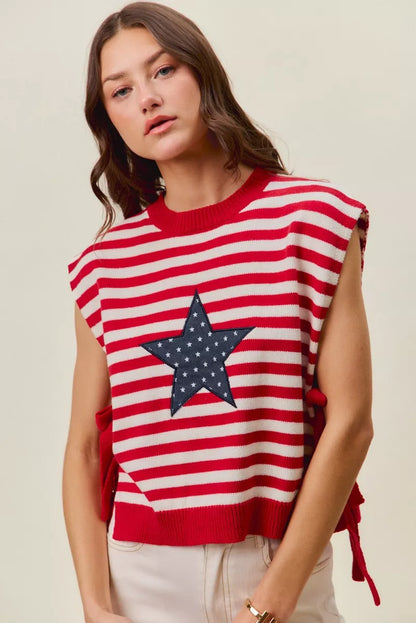 Red and ivory stripe side tie vest top with star patches, perfect for 4th of July, by Trendsi, casual summer fashion.