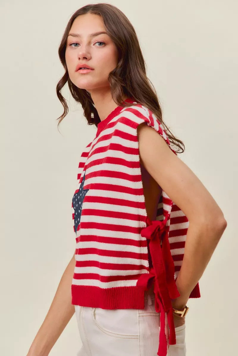 Red and ivory SO ME Stripe Star Patch 4th of July side tie vest top by Trendsi, featuring patriotic star patch and stylish design.