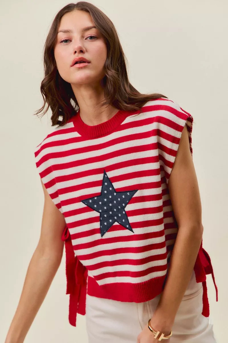 Red and ivory SO ME Stripe Star Patch 4th of July side tie vest top by Trendsi, featuring patriotic star patch detail.