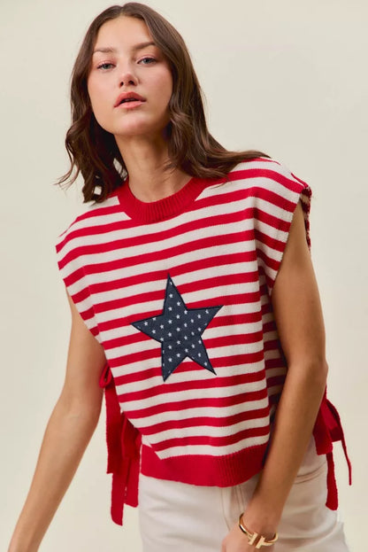 Red and ivory SO ME Stripe Star Patch 4th of July side tie vest top by Trendsi, featuring patriotic star patch detail.