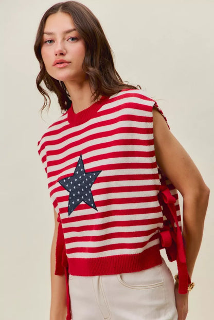 Red and ivory SO ME Stripe Star Patch 4th of July side tie vest top by Trendsi, featuring patriotic star patch and stylish side ties.