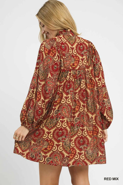 Red boho paisley babydoll dress by Umgee, featuring a relaxed fit and flowy silhouette with bohemian style details.