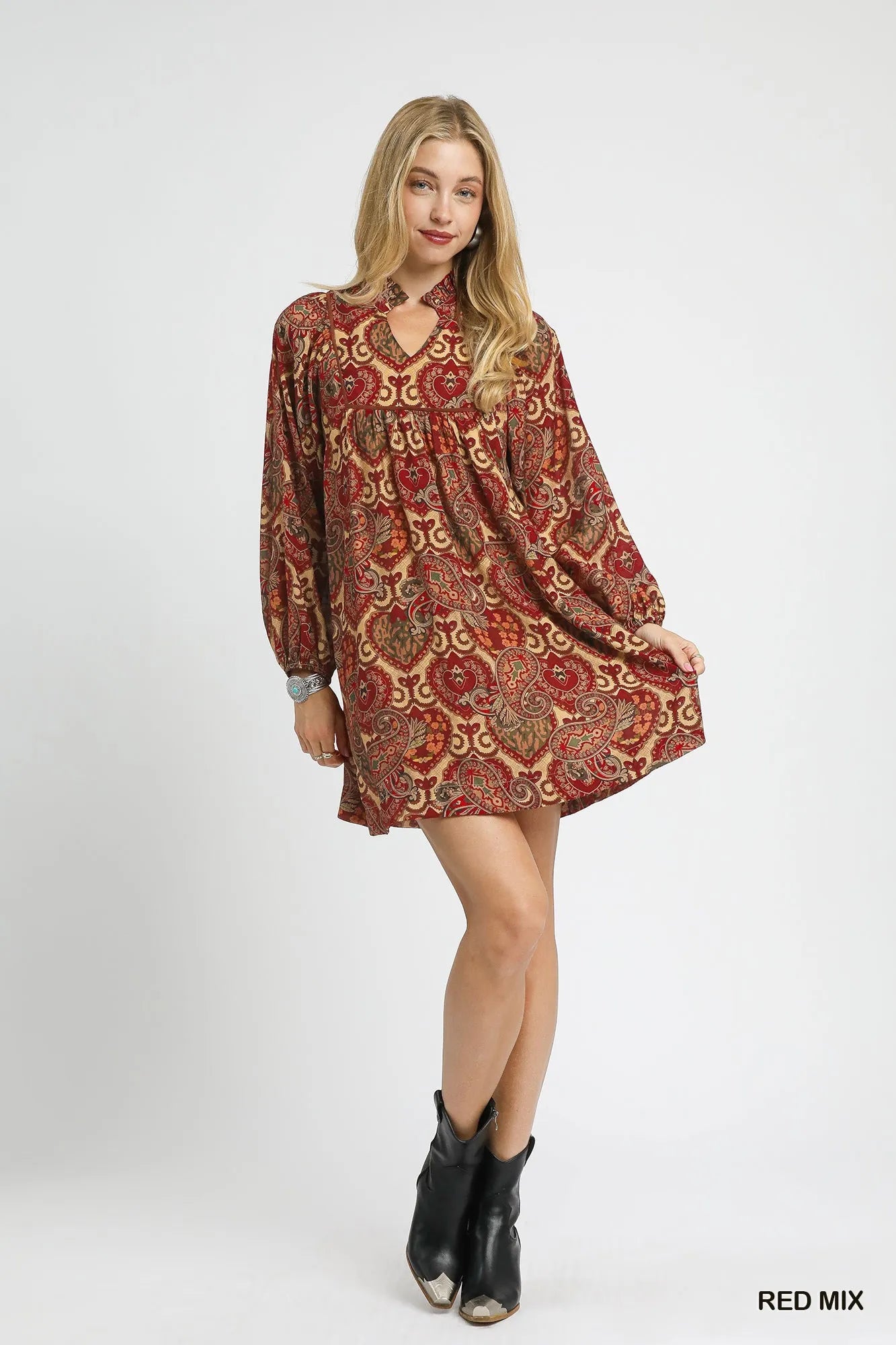 Red and white boho paisley babydoll dress by Umgee featuring a relaxed fit and bohemian style, perfect for casual wear.