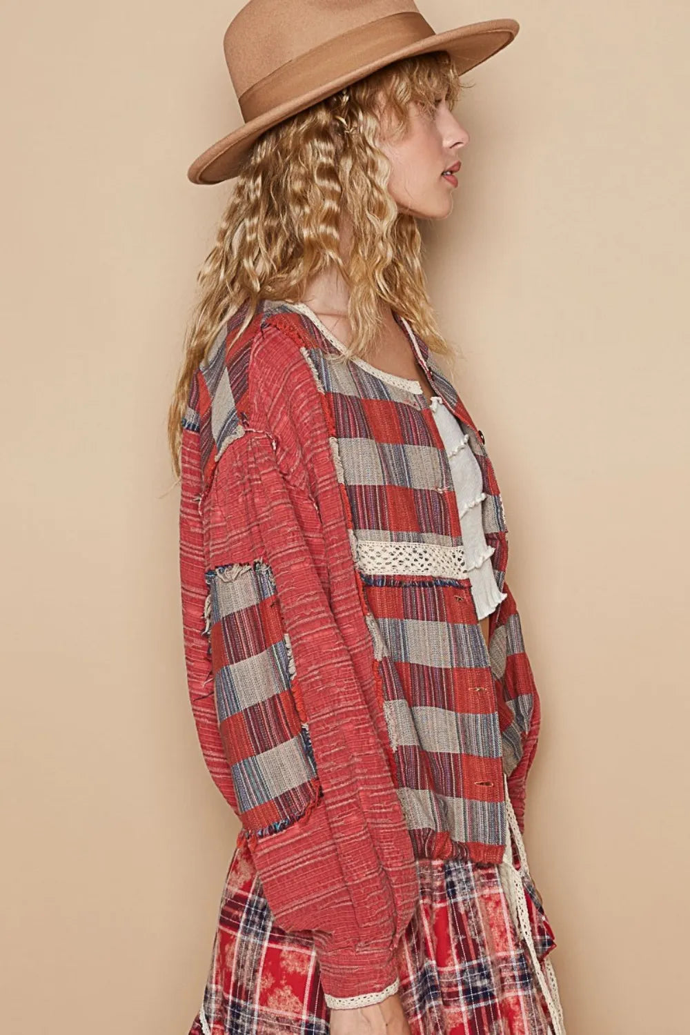 Red and multi-colored plaid long sleeve shirt with a round neck from Trendsi, styled in a casual, comfortable fit.