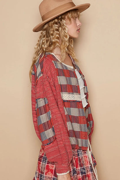 Red and multi-colored plaid long sleeve shirt with a round neck from Trendsi, styled in a casual, comfortable fit.