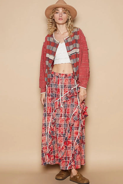 Red and multi-color plaid long sleeve shirt with round neck from Trendsi, styled casually.