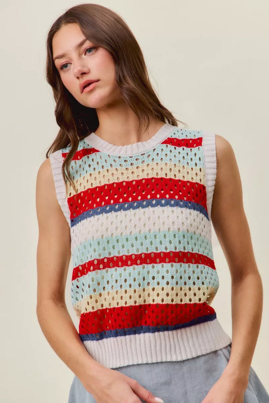 Red multi-stripe sweater knit tank top with tie-back detail from SO ME by Trendsi, casual sleeveless summer top.