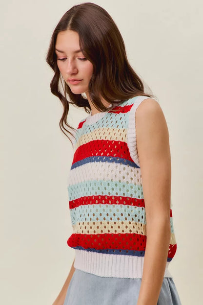 Red multi-stripe sweater knit tank top with tie-back detail by Trendsi, featuring a sleeveless design and casual style.
