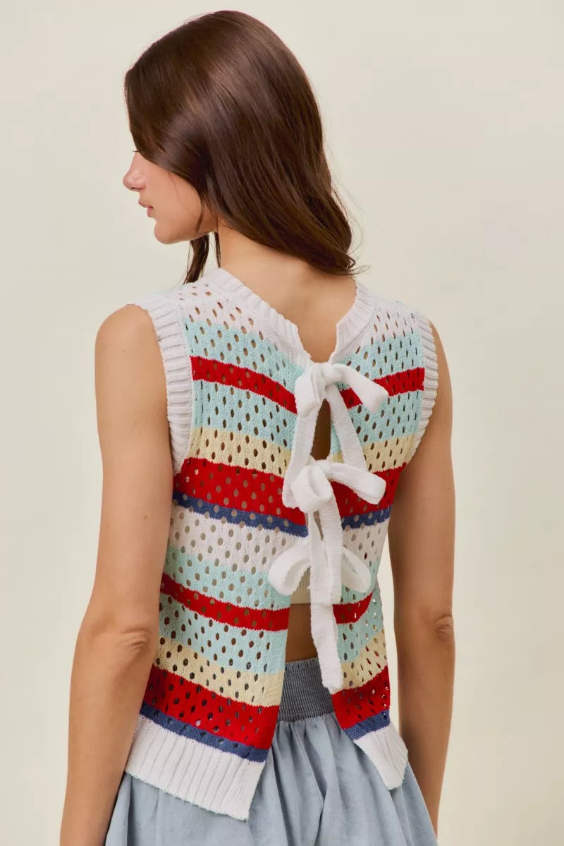 Red multi-stripe SO ME sweater knit tank top with tie-back design, sleeveless, trendy and comfortable for casual wear.